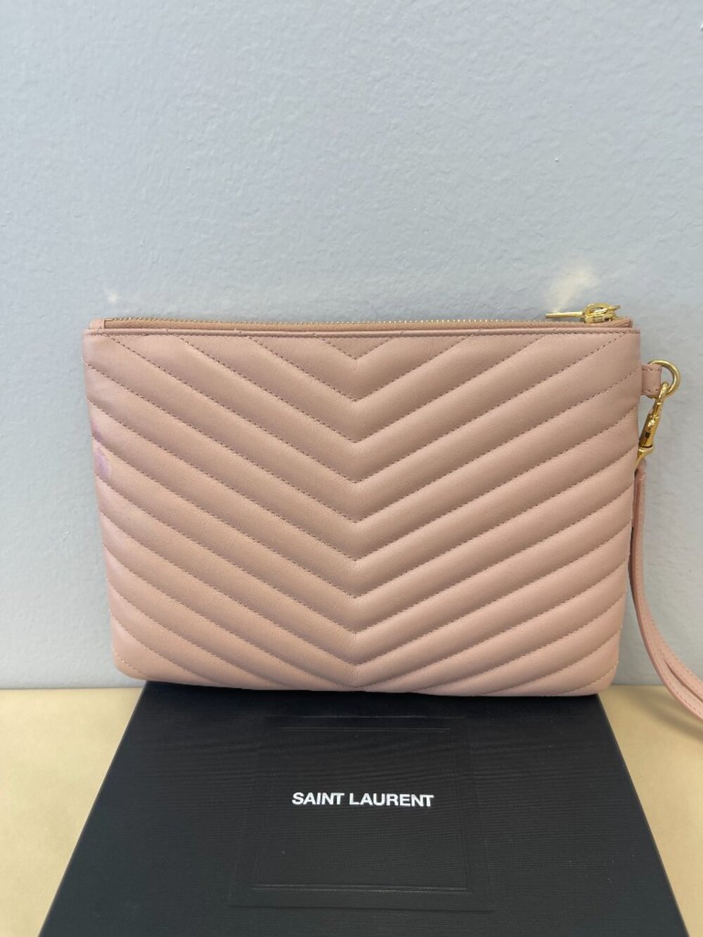 Saint Laurent Classic Monogram Wristlet Pouch Matelasse Chevron Leather-Preowned - Picture 2 of 13